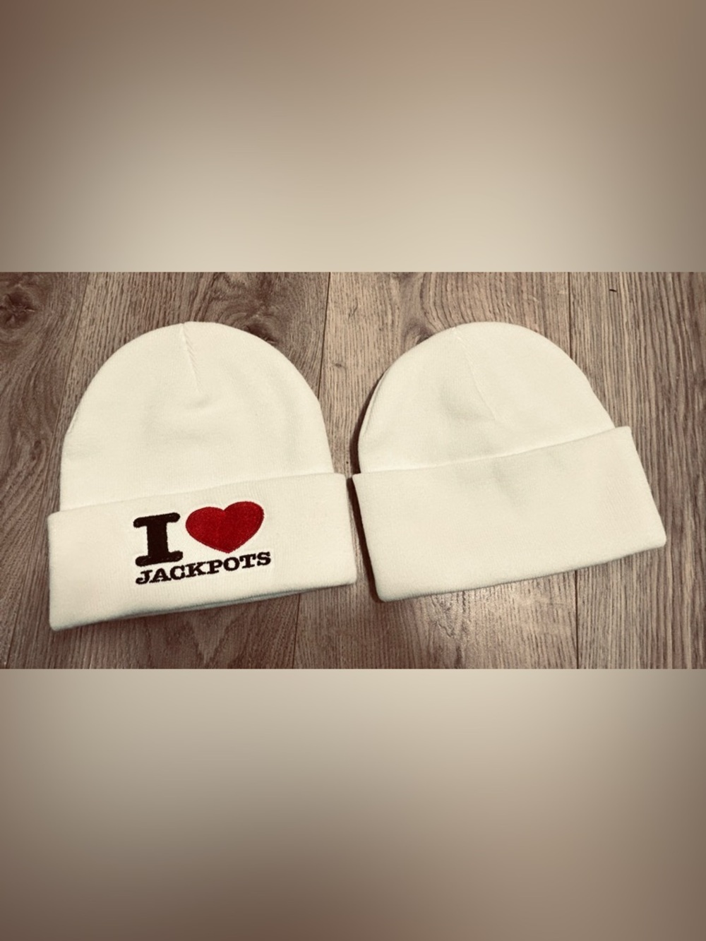 FREE with any purchase of $25 or more! Stylish "I Love Jackpots" White Knit Bean
